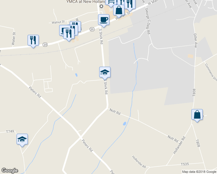 map of restaurants, bars, coffee shops, grocery stores, and more near 193 South Shirk Road in New Holland