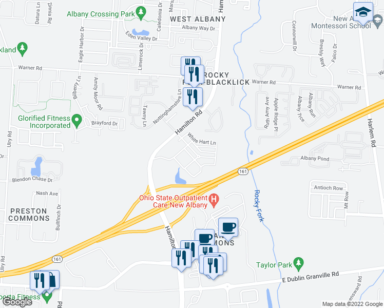 map of restaurants, bars, coffee shops, grocery stores, and more near 6225 Walton Breck Way in Westerville