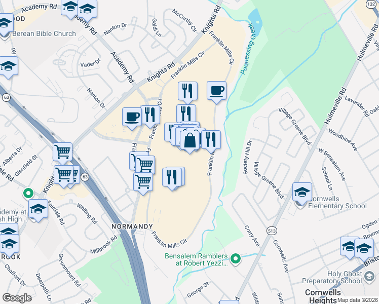 map of restaurants, bars, coffee shops, grocery stores, and more near 1575 Franklin Mills Circle in Philadelphia
