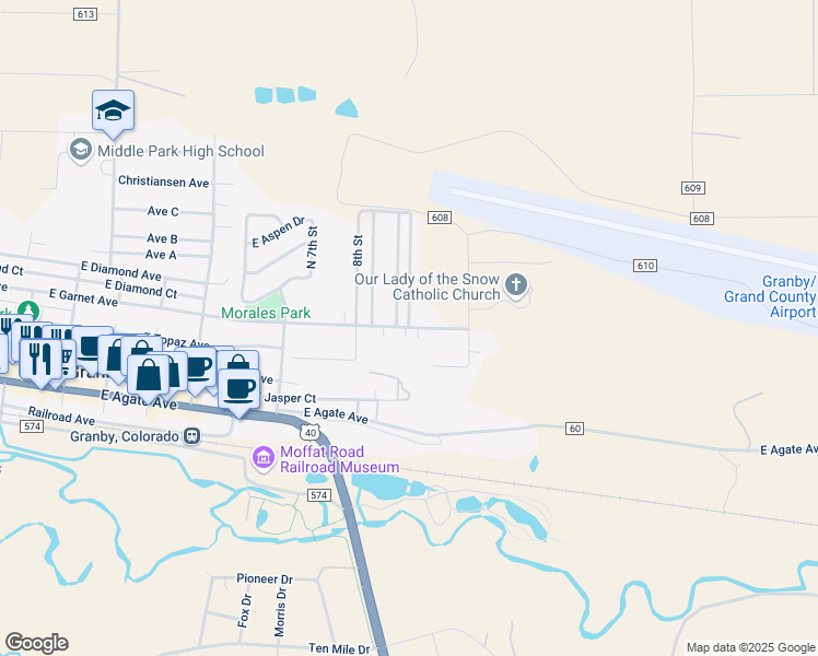 map of restaurants, bars, coffee shops, grocery stores, and more near 933 East Garnet Avenue in Granby