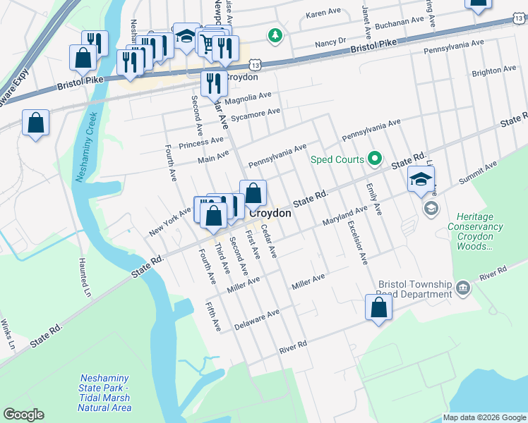 map of restaurants, bars, coffee shops, grocery stores, and more near in Croydon