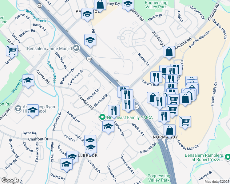 map of restaurants, bars, coffee shops, grocery stores, and more near 3910 Woodhaven Road in Philadelphia