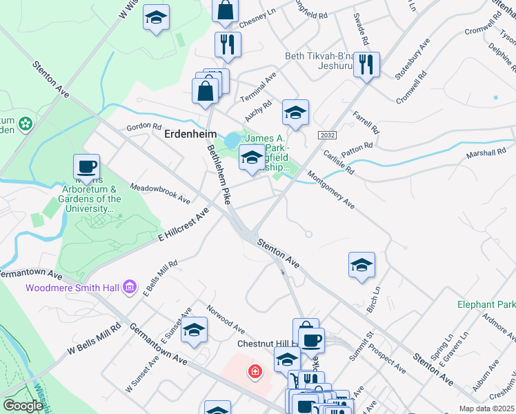 map of restaurants, bars, coffee shops, grocery stores, and more near 18 Bells Mill Road in Erdenheim