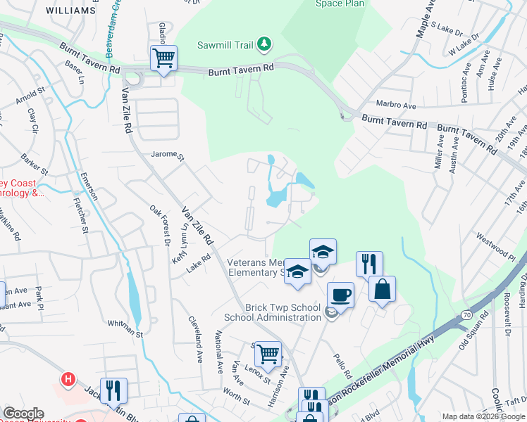 map of restaurants, bars, coffee shops, grocery stores, and more near 38 Northrup Drive in Brick Township