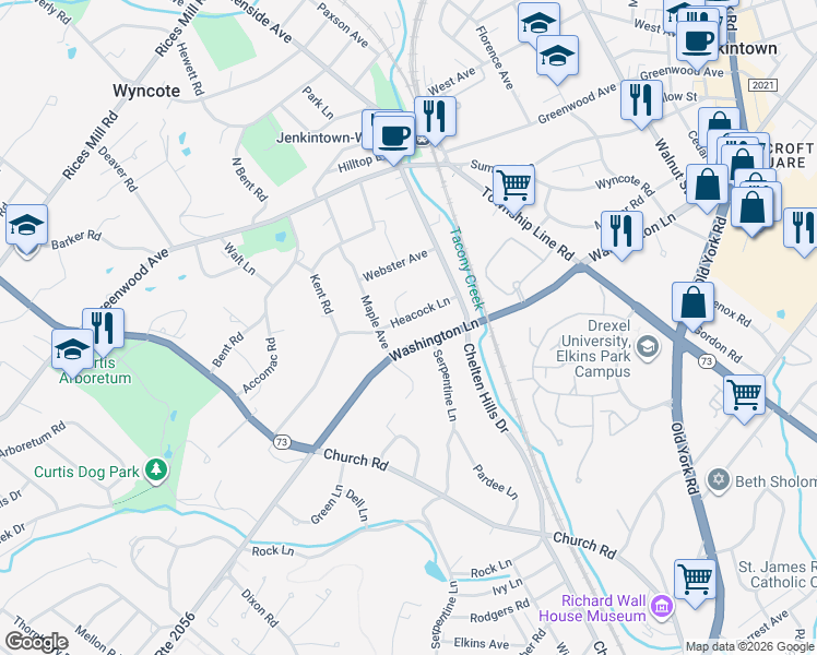 map of restaurants, bars, coffee shops, grocery stores, and more near 132 Heacock Lane in Wyncote