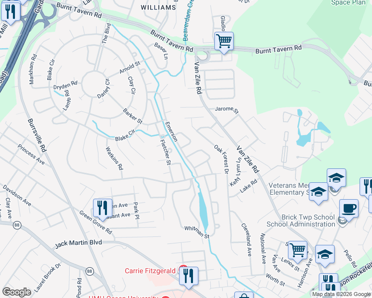 map of restaurants, bars, coffee shops, grocery stores, and more near 34 Masters Road in Brick Township
