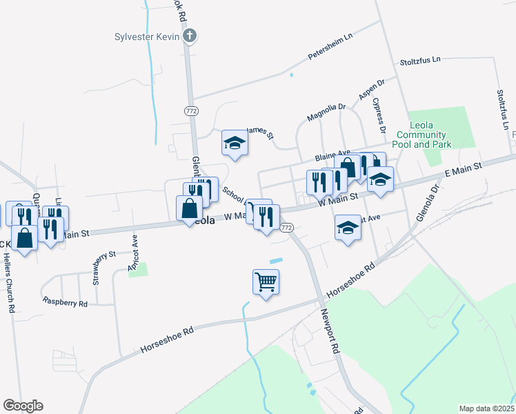 map of restaurants, bars, coffee shops, grocery stores, and more near 101 West Main Street in Leacock-Leola-Bareville