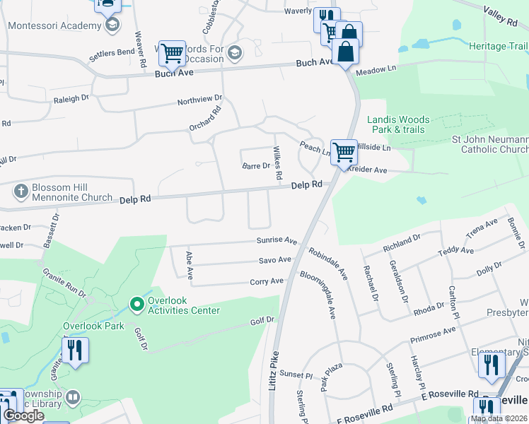 map of restaurants, bars, coffee shops, grocery stores, and more near 232 Maxson Road in Lancaster