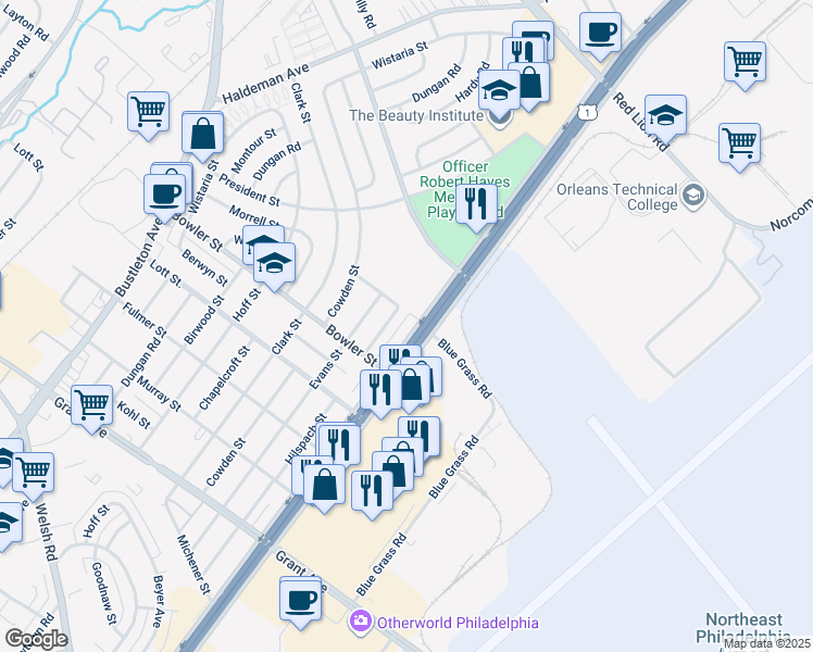 map of restaurants, bars, coffee shops, grocery stores, and more near 9784 East Roosevelt Boulevard in Philadelphia