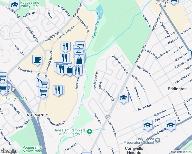 map of restaurants, bars, coffee shops, grocery stores, and more near 1482 Society Hill Drive in Bensalem