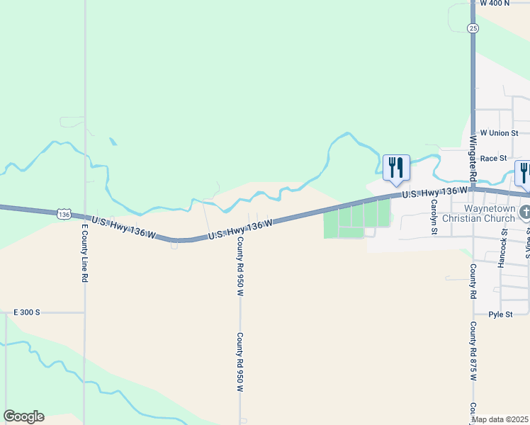 map of restaurants, bars, coffee shops, grocery stores, and more near 9406 U.S. Highway 136 West in Waynetown