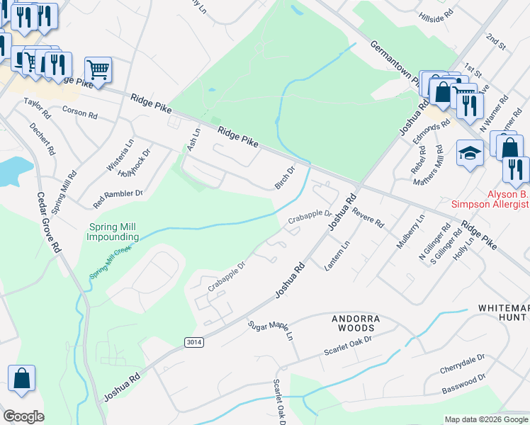 map of restaurants, bars, coffee shops, grocery stores, and more near 326 Birch Dr in Lafayette Hill