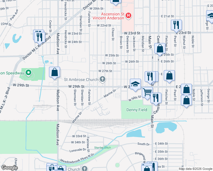 map of restaurants, bars, coffee shops, grocery stores, and more near 2830 Lincoln Street in Anderson