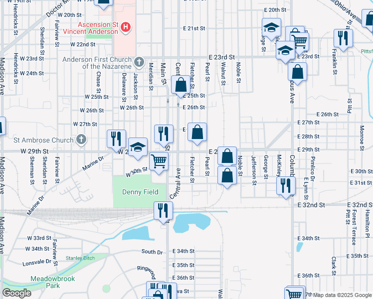 map of restaurants, bars, coffee shops, grocery stores, and more near 302 East 29th Street in Anderson