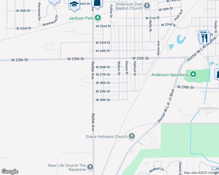 map of restaurants, bars, coffee shops, grocery stores, and more near 2314 West 29th Street in Anderson