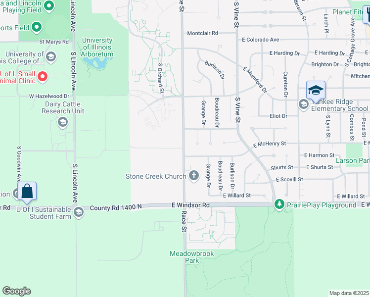 map of restaurants, bars, coffee shops, grocery stores, and more near 2210 South Race Street in Urbana