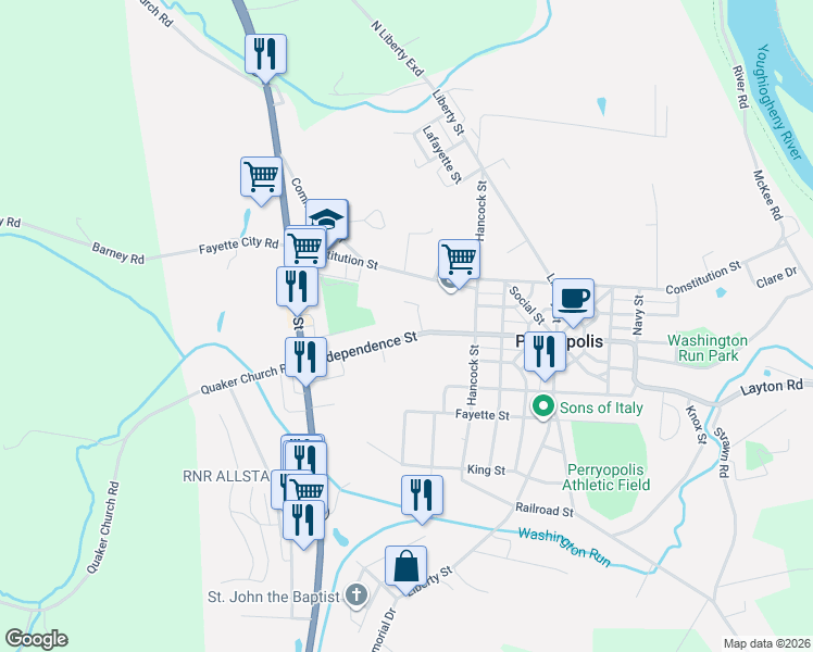 map of restaurants, bars, coffee shops, grocery stores, and more near 139 Independence Street in Perryopolis