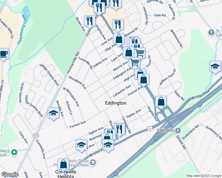 map of restaurants, bars, coffee shops, grocery stores, and more near 2731 High Avenue in Bensalem