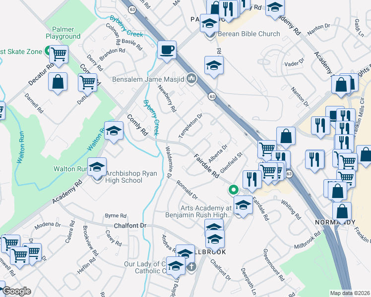 map of restaurants, bars, coffee shops, grocery stores, and more near 3828 Fairdale Road in Philadelphia