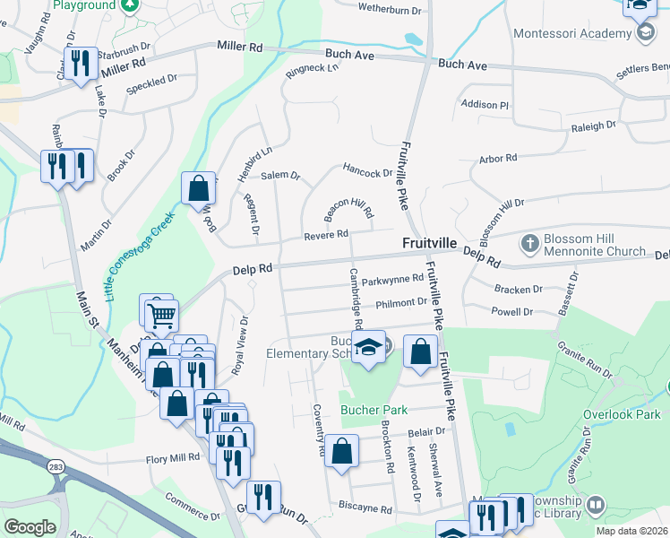 map of restaurants, bars, coffee shops, grocery stores, and more near 458 Delp Rd in Lancaster
