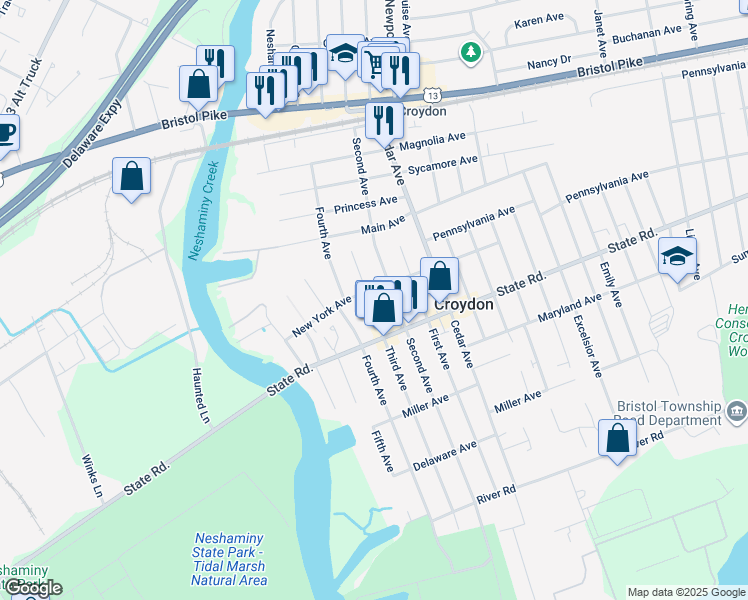 map of restaurants, bars, coffee shops, grocery stores, and more near 705 Third Avenue in Croydon