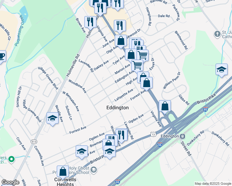 map of restaurants, bars, coffee shops, grocery stores, and more near 2747 High Avenue in Bensalem