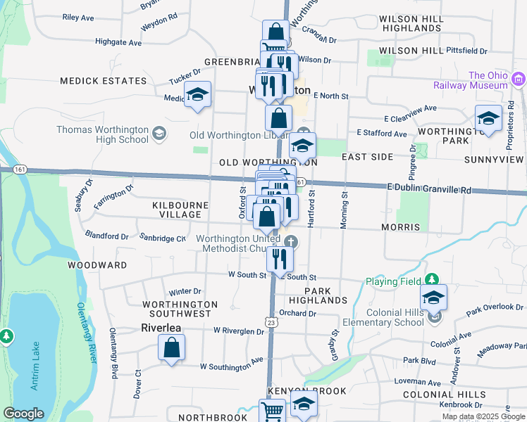map of restaurants, bars, coffee shops, grocery stores, and more near 24 West New England Avenue in Columbus