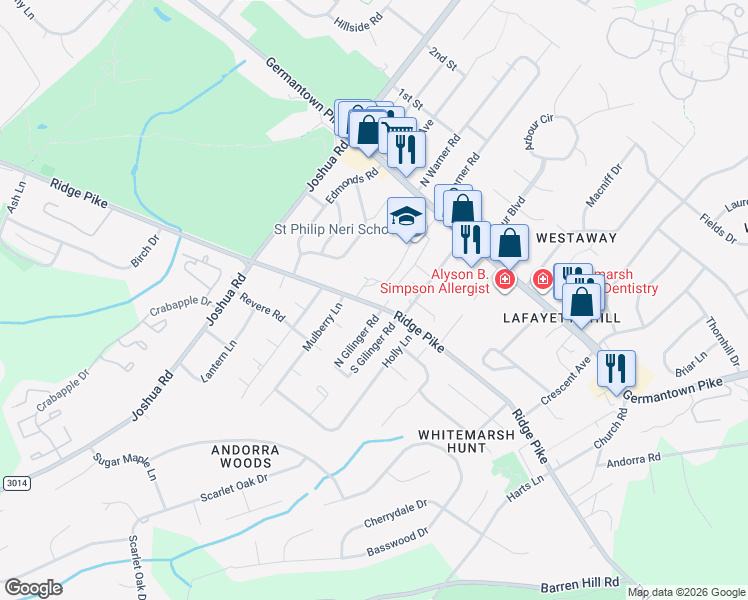 map of restaurants, bars, coffee shops, grocery stores, and more near 439 Ridge Pike in Lafayette Hill