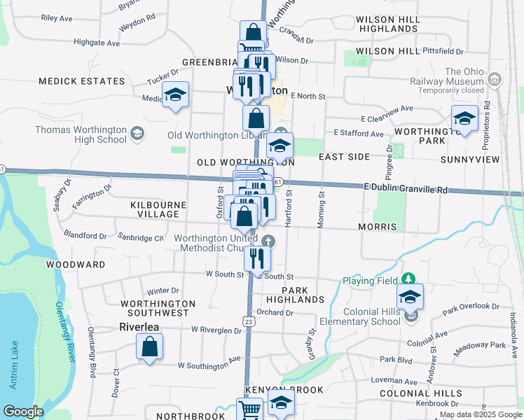 map of restaurants, bars, coffee shops, grocery stores, and more near 666 U.S. 23 in Worthington