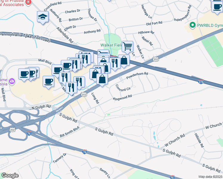 map of restaurants, bars, coffee shops, grocery stores, and more near 122 Forge Road in King of Prussia