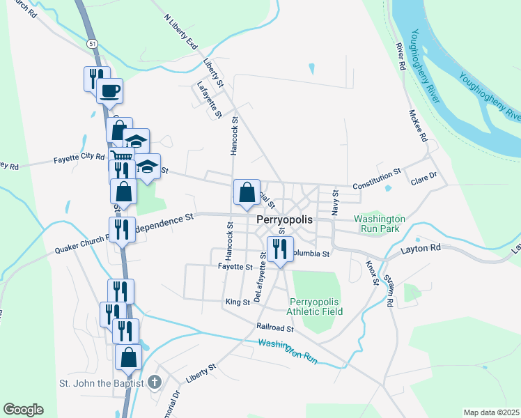 map of restaurants, bars, coffee shops, grocery stores, and more near 213 Independence St in Perryopolis