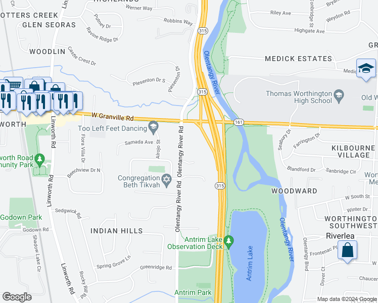 map of restaurants, bars, coffee shops, grocery stores, and more near 6204 Olentangy River Road in Worthington