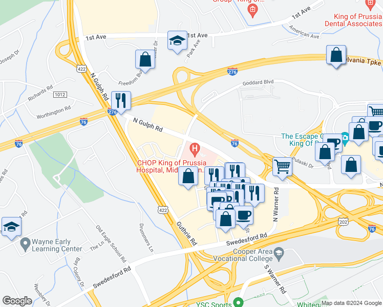 map of restaurants, bars, coffee shops, grocery stores, and more near 100 Lakeview Court in King of Prussia