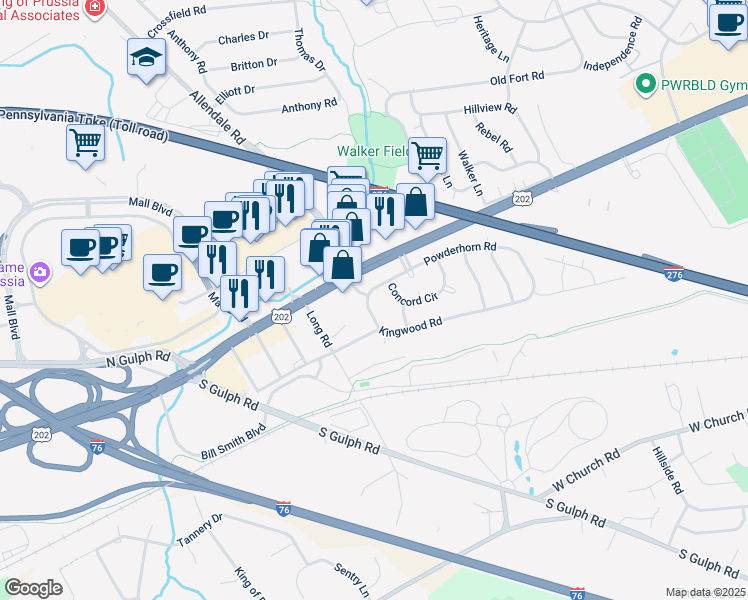 map of restaurants, bars, coffee shops, grocery stores, and more near 122 Forge Road in King of Prussia