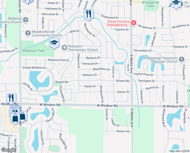 map of restaurants, bars, coffee shops, grocery stores, and more near 2207 Belmore Drive in Champaign