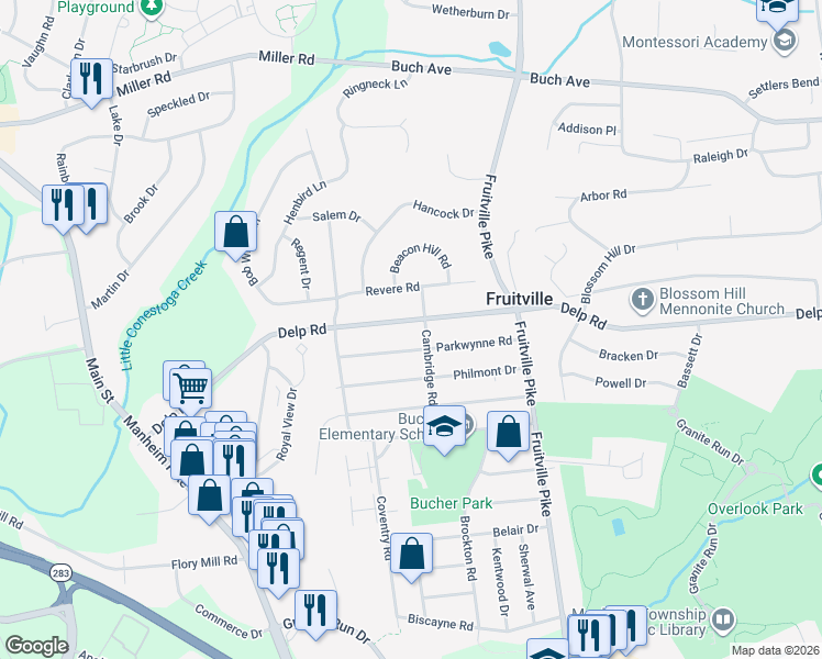 map of restaurants, bars, coffee shops, grocery stores, and more near 458 Delp Road in Lancaster