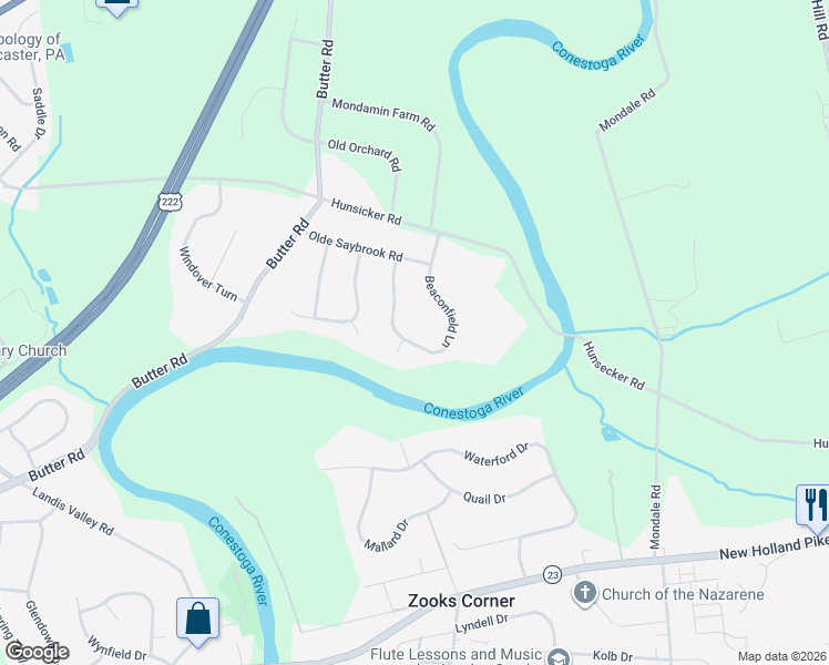map of restaurants, bars, coffee shops, grocery stores, and more near 1334 Beaconfield Lane in Lancaster