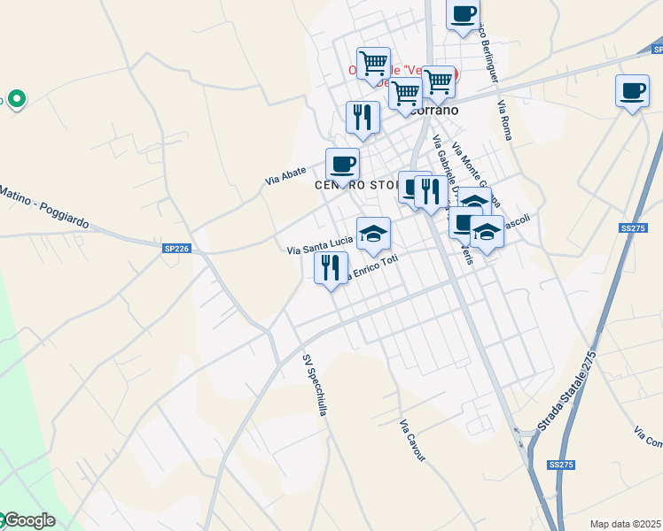 map of restaurants, bars, coffee shops, grocery stores, and more near 24 Via Giuseppe Verdi in Scorrano