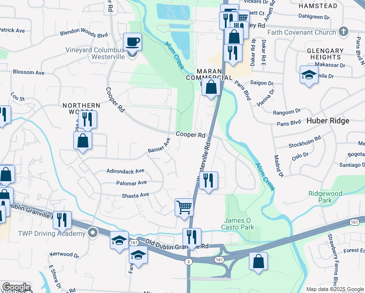 map of restaurants, bars, coffee shops, grocery stores, and more near 5710 Crossing Court in Columbus