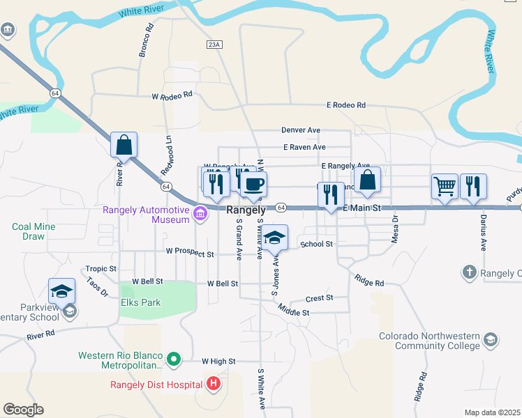 map of restaurants, bars, coffee shops, grocery stores, and more near 101 East Main Street in Rangely
