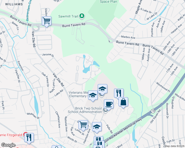 map of restaurants, bars, coffee shops, grocery stores, and more near 1 Foxwood Court in Brick Township