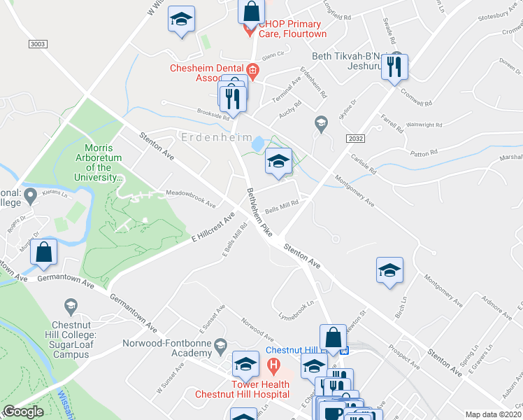 map of restaurants, bars, coffee shops, grocery stores, and more near 400 State Route 2018 in Glenside