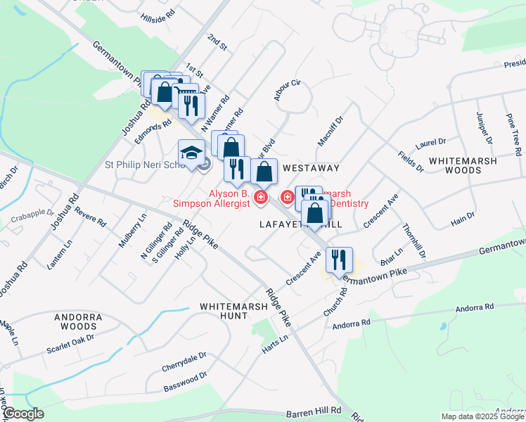 map of restaurants, bars, coffee shops, grocery stores, and more near 600 Germantown Pike in Lafayette Hill