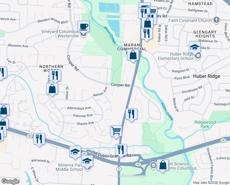 map of restaurants, bars, coffee shops, grocery stores, and more near 5710 Crossing Court in Columbus
