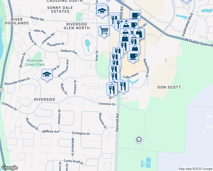 map of restaurants, bars, coffee shops, grocery stores, and more near 2870 Sawdust Lane in Dublin
