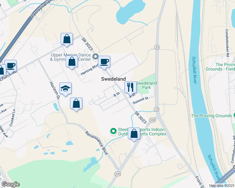 map of restaurants, bars, coffee shops, grocery stores, and more near 572 B St in King of Prussia