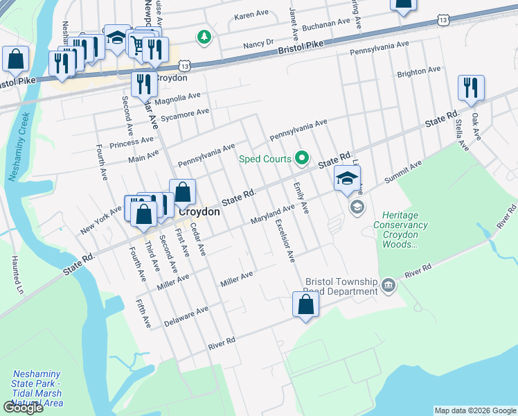 map of restaurants, bars, coffee shops, grocery stores, and more near 823 Rosa Avenue in Croydon