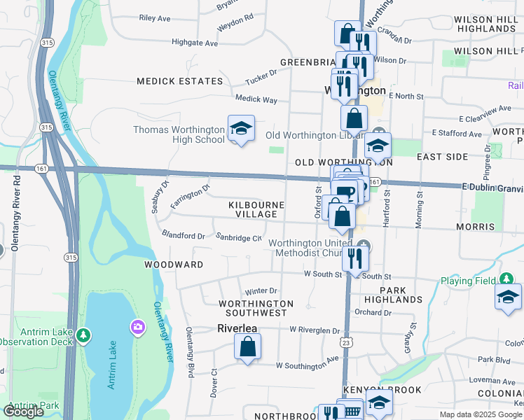 map of restaurants, bars, coffee shops, grocery stores, and more near 657 North Sinsbury Drive in Worthington