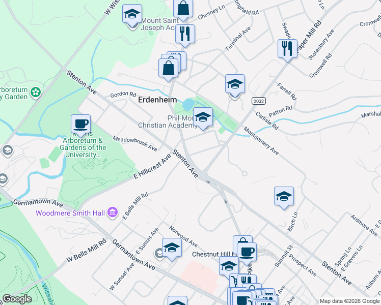 map of restaurants, bars, coffee shops, grocery stores, and more near 400 Bethlehem Pike in Erdenheim