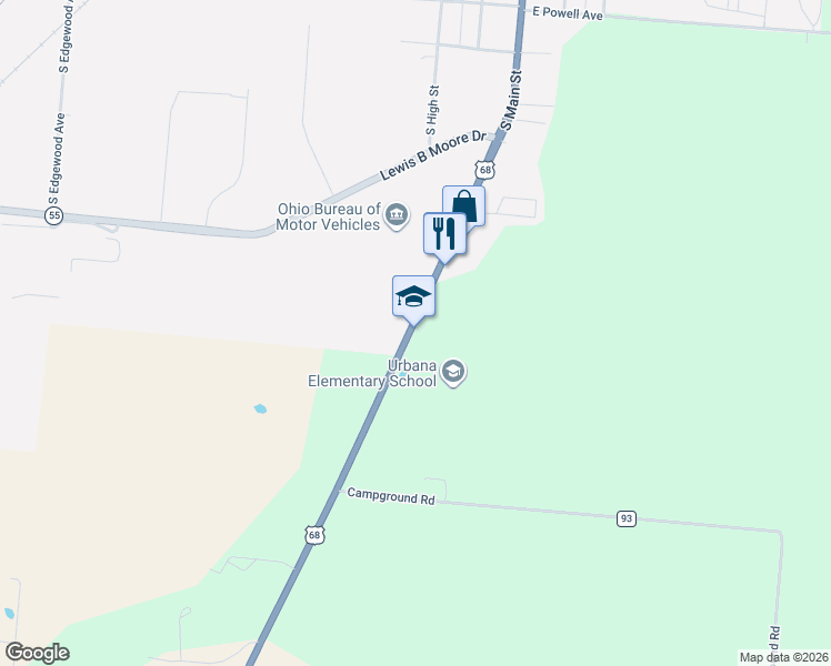 map of restaurants, bars, coffee shops, grocery stores, and more near 1673 U.S. 68 in Urbana